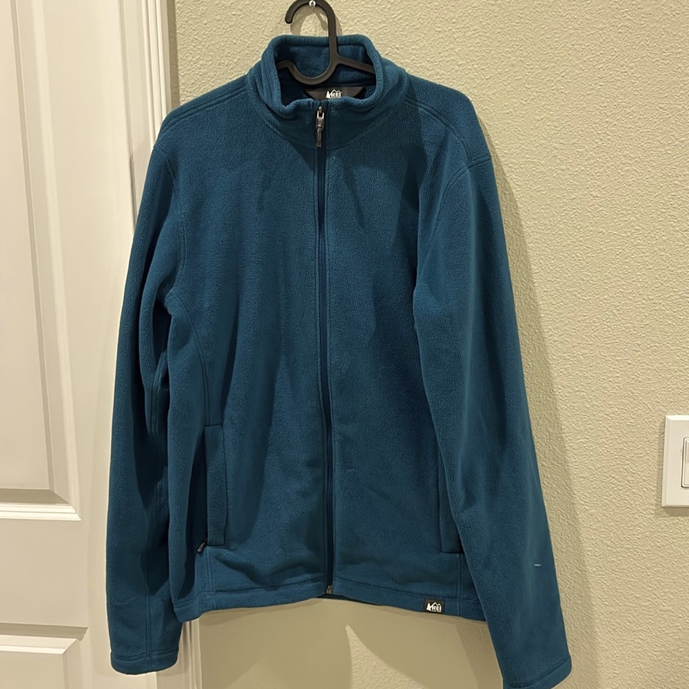 REI teal polartec fleece jacket with high collar